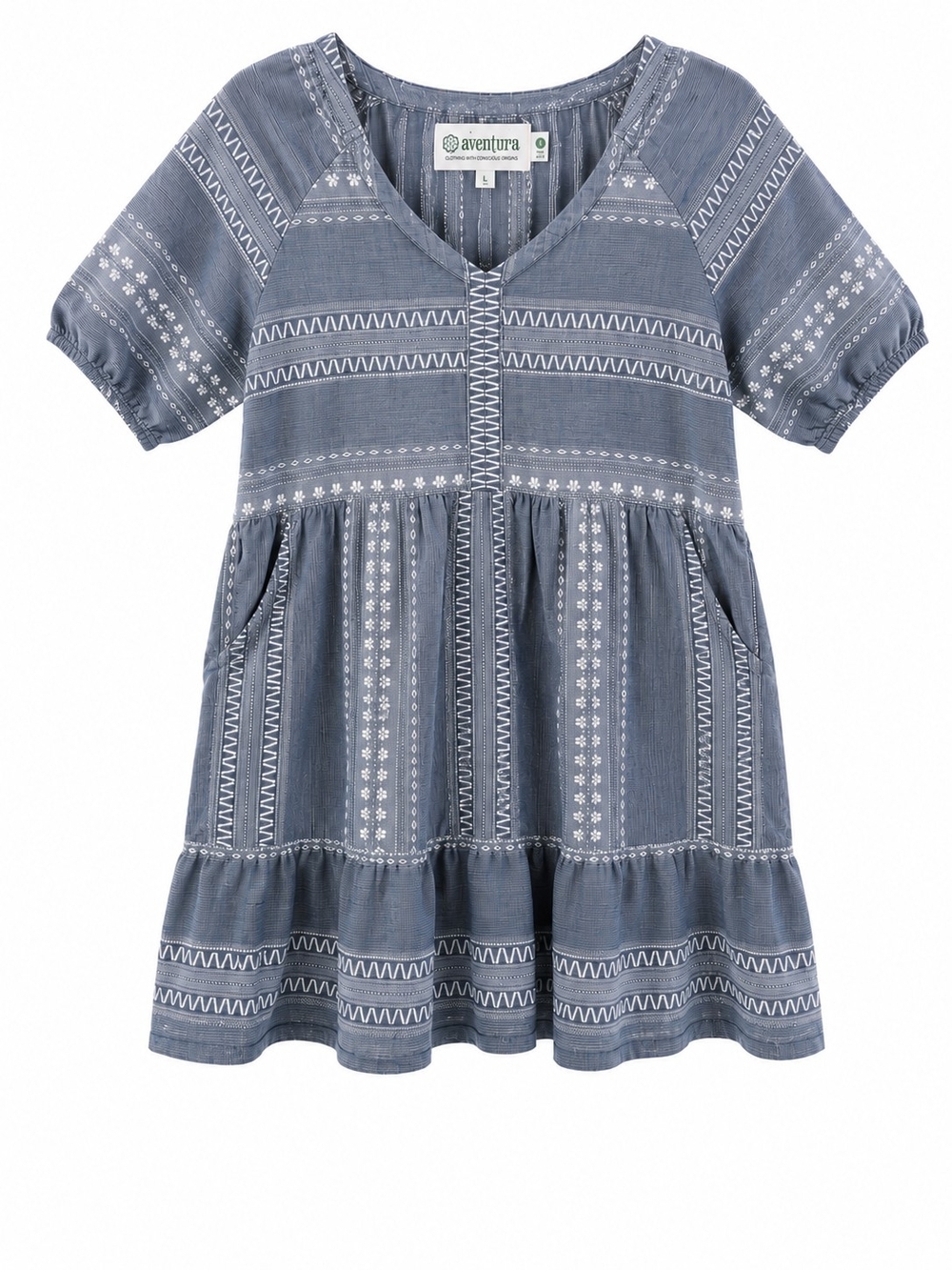 Aventura Womens Slate Blue Embroidered V-Neck 100% Organic Cotton Dress L